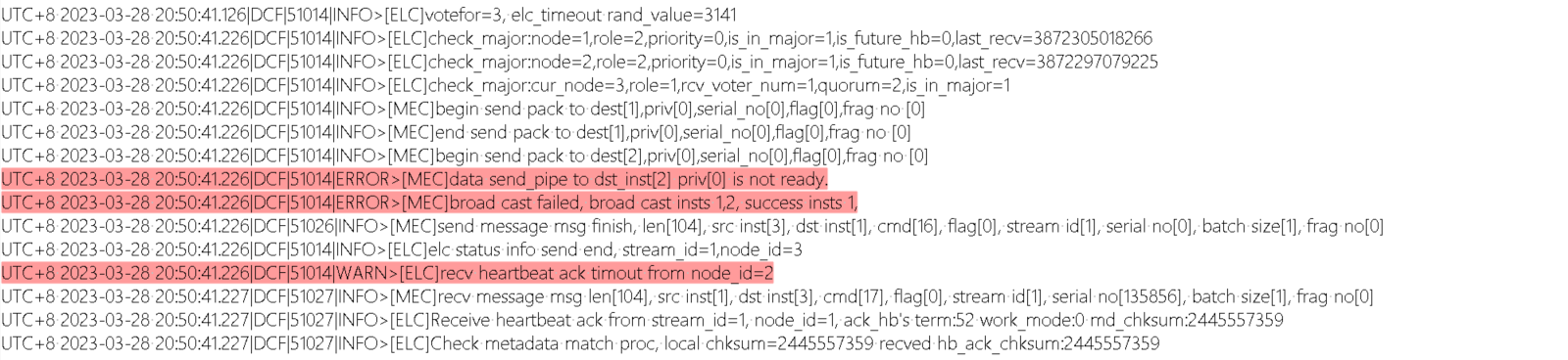 node2节点宕机后，node3一次心跳相关日志